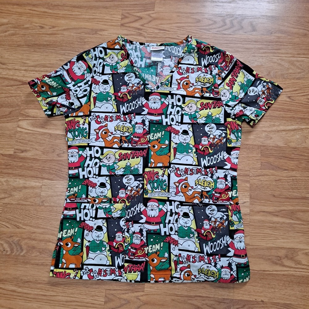 Rudolph The Red Nosed Reindeer Comic Strip Christmas Holiday Scrub Top Size XS